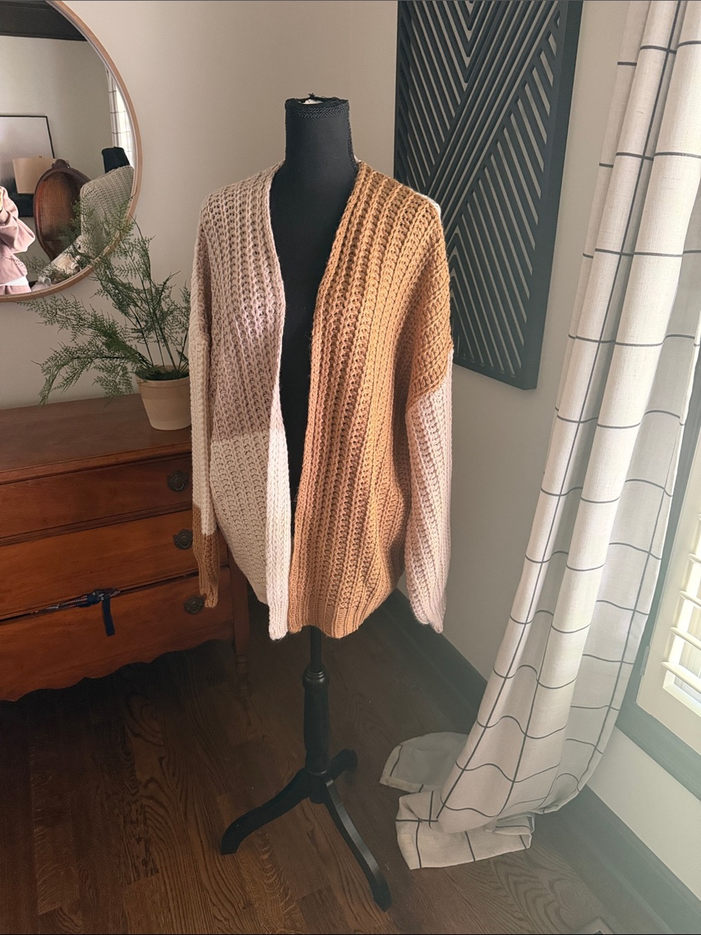 Sweet Lemon Open-Front Colorblock Chunky Knit Cardigan - Cream & Tan medium
